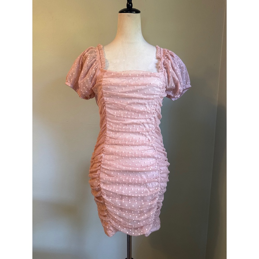 Blashe Pink Dot Ruched Mesh Mini body Dress Puff Sleeve Bodycon y2k dainty Large